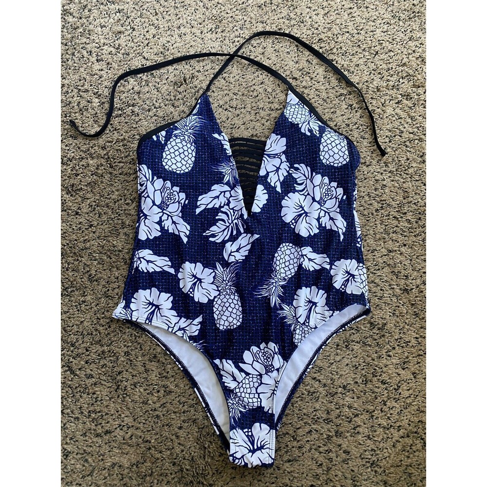 AdoreShe Sexy Deep V Pineapple Hibiscus Print One Piece Swim Suit Medium - Picture 2 of 7